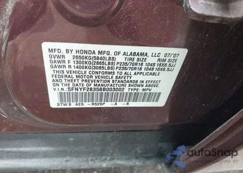 2008 Honda Pilot Se from USA, damaged, VIN 5FNYF28358B003002